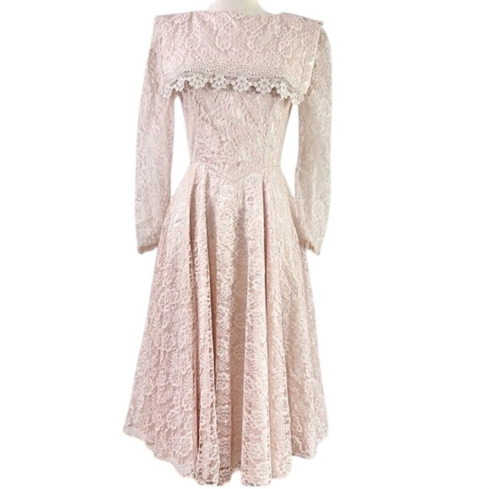 Vintage Lace Sailor Collar Soft Pink Peach Midi Long Sleeve‎ Dress Women's 11/12